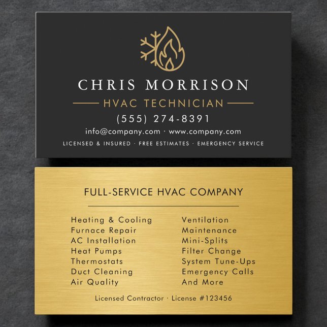 Cartão De Visita HVAC Technician Black Gold Logo Metallic (Criador carregado)