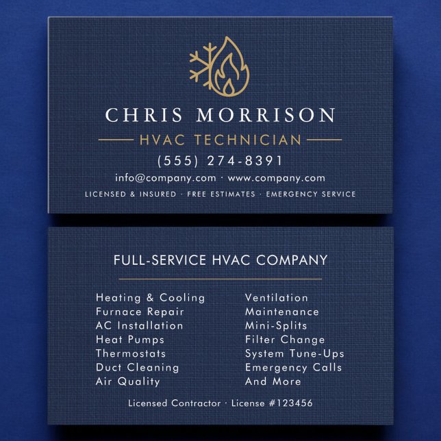 Cartão De Visita HVAC Technician Navy Blue Gold Linen (Criador carregado)
