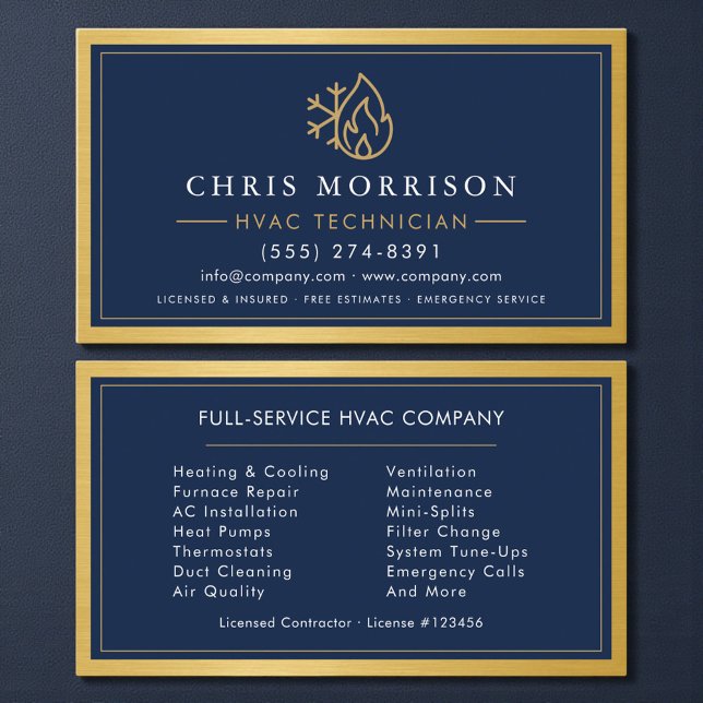 Cartão De Visita HVAC Technician Navy Blue Gold Metallic (Criador carregado)