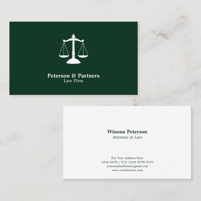 Cartão De Visita Ícone Branco da Escala de Justiça em Verde Escuro (Frente/Verso)