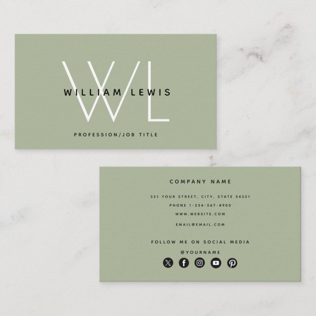 Cartão De Visita Ícone de Mídia Social Moderna Verde Sage (Frente/Verso)