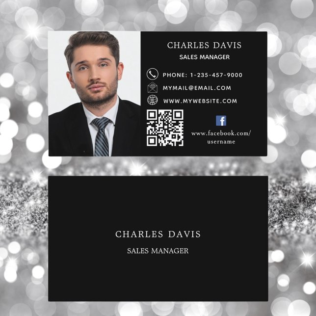 Cartão De Visita Ícone do facebook de foto com código QR branco pre (Criador carregado)