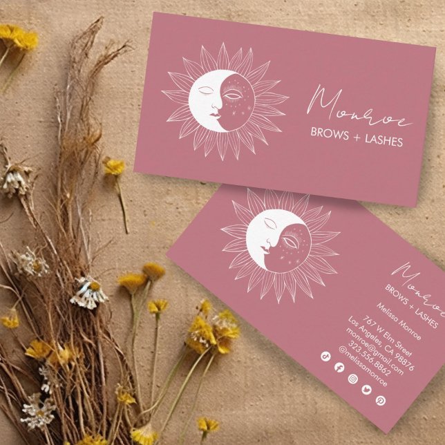 Cartão De Visita Ícone Social Mauve da Arte da Linha Sun & Moon (Boho moons and suns on mauve pink. Customize these business cards and edit the social icons too!)
