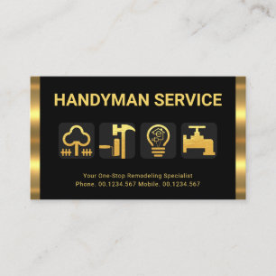 Cartão De Visita Ícones da Ferramenta Handyman de Stripes Douradas 