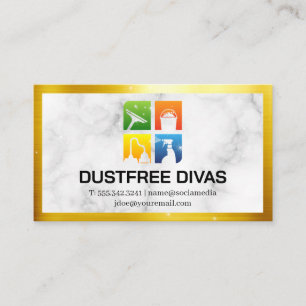 Cartão De Visita Ícones de limpeza   Marble   Fronteira Dourada   F