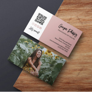 Cartão De Visita Ícones de Mídia Social de Código QR de Rosa Empoei
