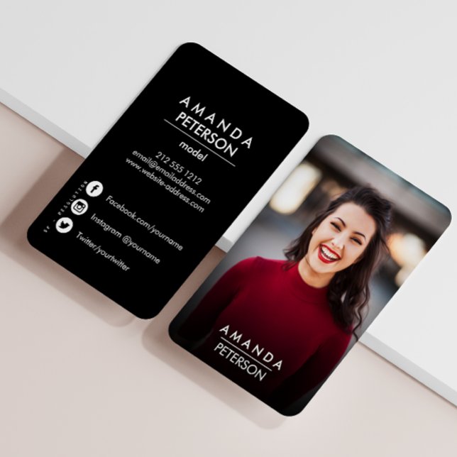 Cartão De Visita Ícones de mídia social de fotos dançarinas de mode (tunning Vertical Photo Business Card: Full Frame Portrait with Contact & Social Info)