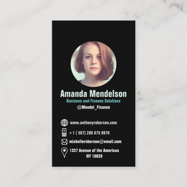 Cartão De Visita Ícones e foto sociais verticais pretos modernos (Frente)