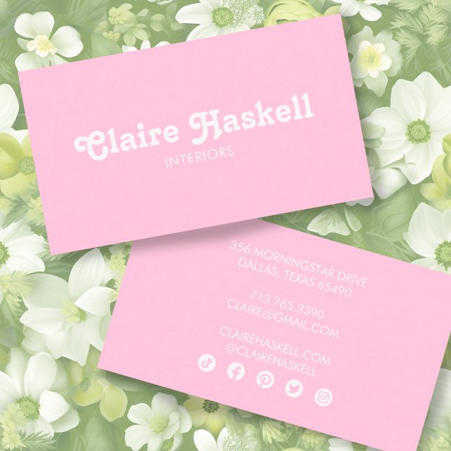 Cartão De Visita Ícones Mínimos de Mídia Social do Chic Blush Scrip (Simple pale pink business cards with custom fonts and social media icons. Change the colors, font)