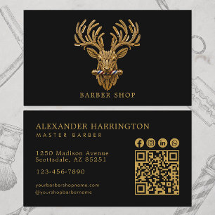 Cartão De Visita Ícones Sociais Código Qr Barber Shop Gold Stag