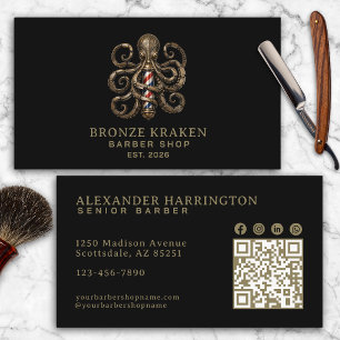 Cartão De Visita Ícones Sociais Código Qr da Barbearia do Polvo de 