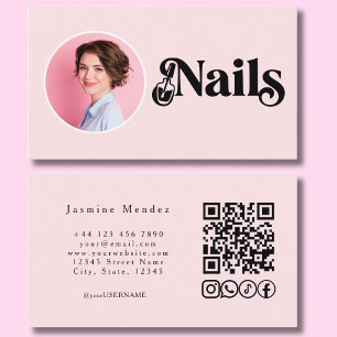 Cartão De Visita Ícones Sociais Código QR de Unhas de Foto Rosa Beg