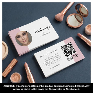 Cartão De Visita Ícones Sociais Código QR Rosa Bege Branco Foto MUA