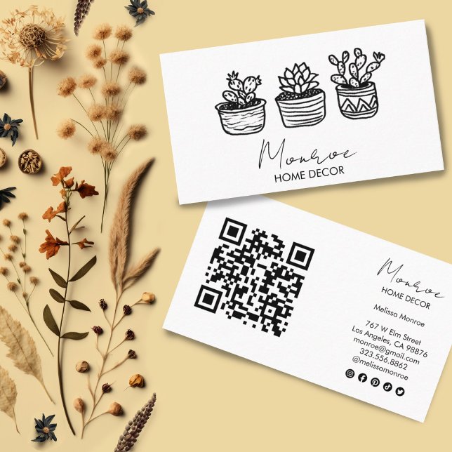 Cartão De Visita Ícones sociais de QR de Boho Cute Cactus Illustrat (Cute cacti drawings on custom business cards with social media icons and qr code)