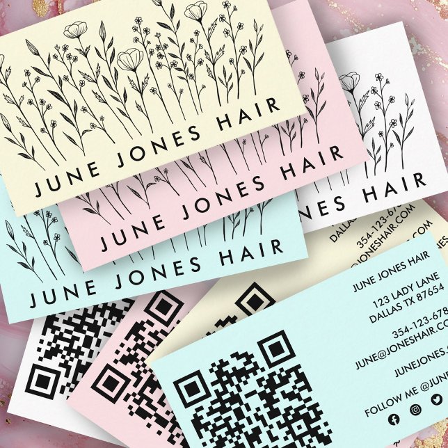 Cartão De Visita Ícones sociais do código QR personalizado de flore (Elegant Wildflowers Custom QR Code Social Icons Business Card
)