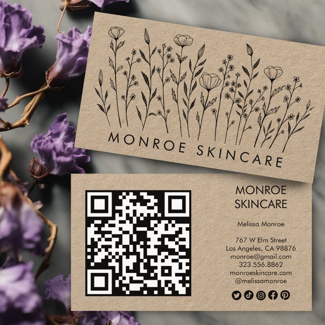 Cartão De Visita Ícones sociais do Elegante Kraft QR Code (Wildflowers Elegant Kraft QR Code Social Icons Business Card
)