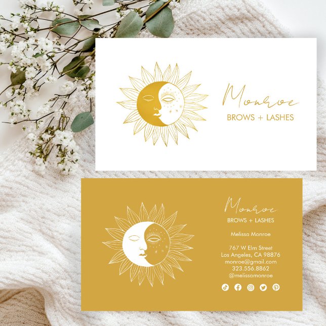 Cartão De Visita Ícones sociais Dourados da arte da linha Sun e Moo (Sun & Moon Boho Line Art Elegant Gold Social Icons Business Card
)