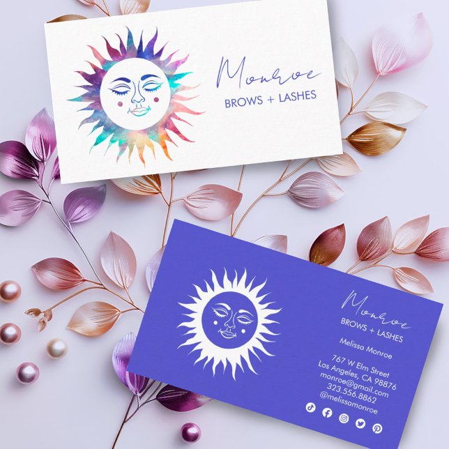 Cartão De Visita Ícones sociais elegantes do Arco-Íris Boho (Pretty rainbow colorful sunshines decorate these custom business cards with social media icons)