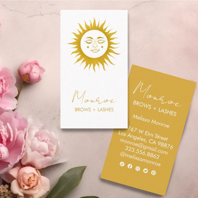 Cartão De Visita Ícones sociais elegantes do Ouro Sunshine Boho (Sweet sunshine decorates these custom golden business cards. Add your own text and edit social icons)