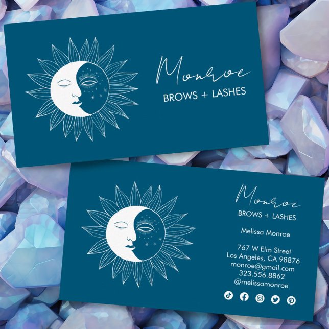 Cartão De Visita Ícones sociais legíveis da arte teal Sun & Moon Bo (Make these business cards shine by adding your details and customizing the social media icons.)