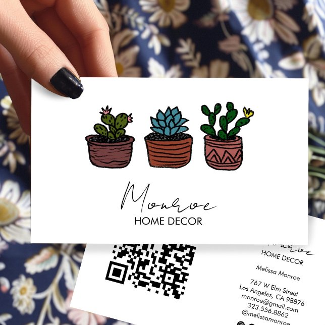 Cartão De Visita Ícones sociais QR de Boho Doodle Ilustração de Cac (Cactus Illustration Boho Doodle QR Social Icons Business Card
)
