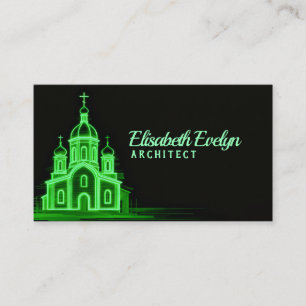 Cartão De Visita Igreja de Arte em Linha Verde sobre Preto