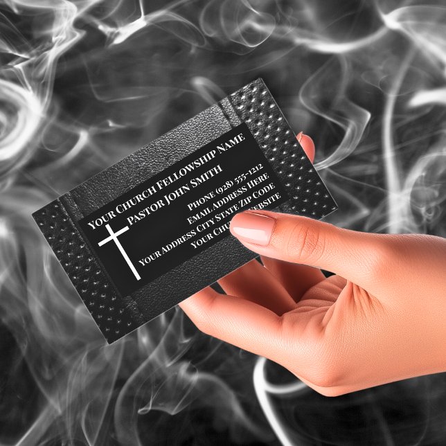 Cartão De Visita Igreja Pastor Negra-Couro Cristão (Church Pastor BLACK Leather Christian Business Card)