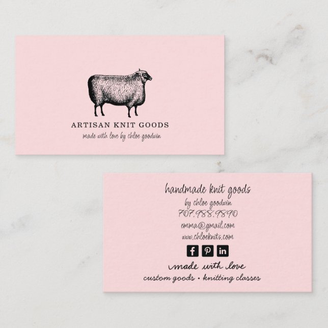 Cartão De Visita Illustrated Sheep Knitting Pink Business (Frente/Verso)