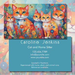 Cartão De Visita Ilustração caprichosa de gatos coloridos e flores