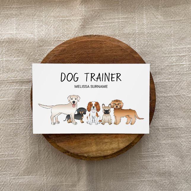 Cartão De Visita Ilustração de Cães de Cartoon Bonitos - Formador d (Promote your dog services with the help of this cute business card design with cartoon dogs on it.)