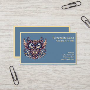 Cartão De Visita Ilustração de Coruja Sábia Azul e Dourada Elegante