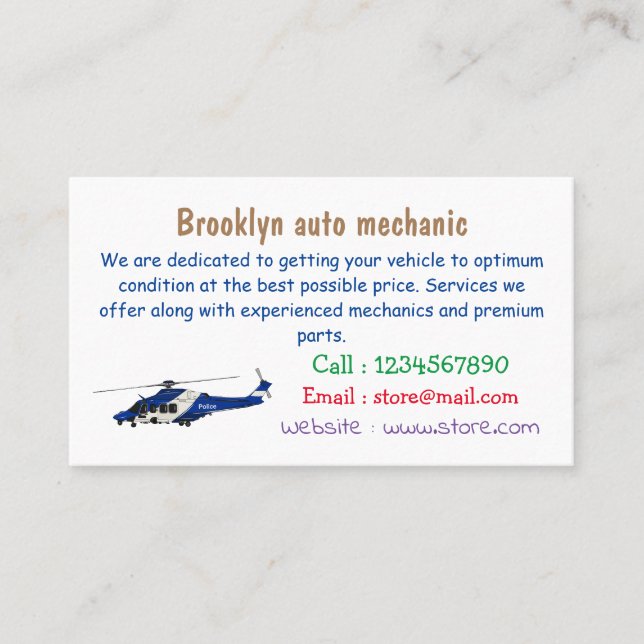 Cartão De Visita Ilustração de desenho animado de helicóptero polic (Frente)