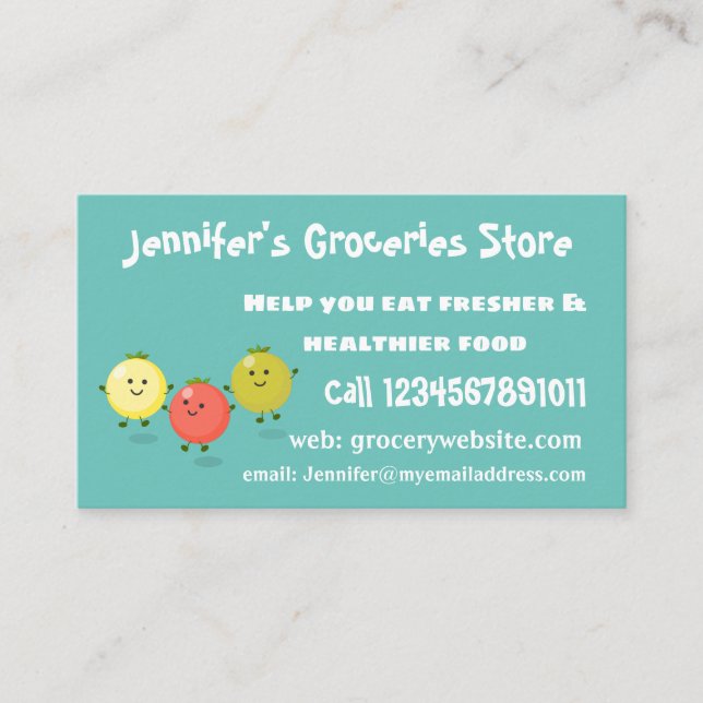 Cartão De Visita Ilustração de desenho animado de tomate de cereja (Frente)