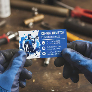 Cartão De Visita Ilustração de Encanador com Aquarela Azul e Branco