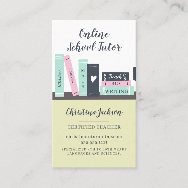 Cartão De Visita Ilustração de livros bonitos de tutor da escola on (Frente)
