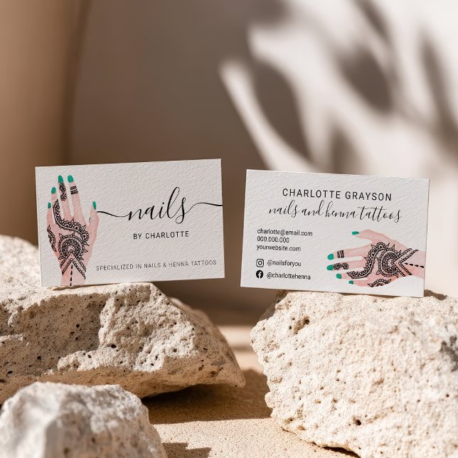 Cartão De Visita Ilustração de tatuagem de henna verde do Boho unha (Boho nails green henna tattoos illustration business card)