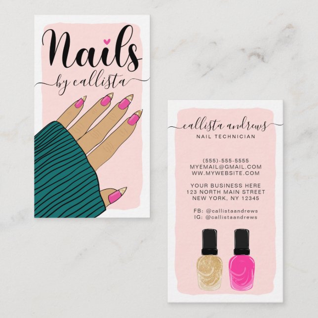 Cartão De Visita Ilustração Dourada de Mão Nail Technician Girly Pi (Frente/Verso)