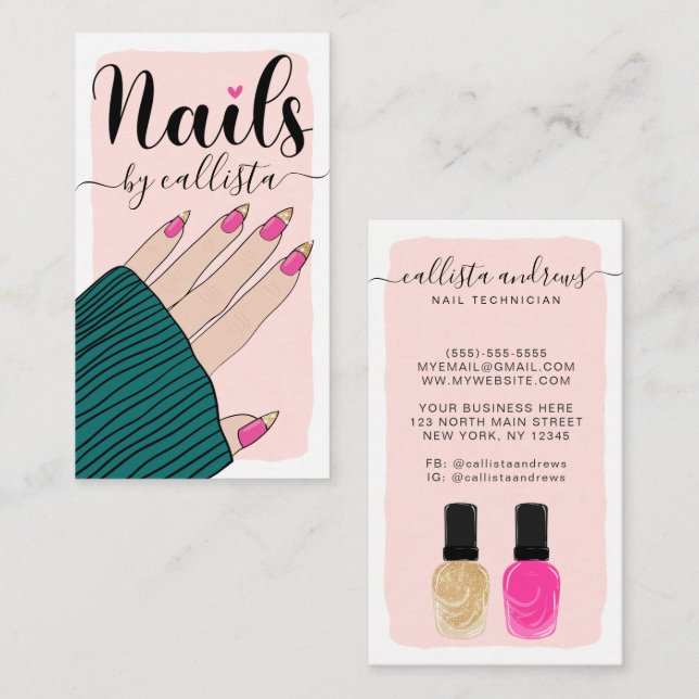 Cartão De Visita Ilustração Dourada de Mão Nail Technician Girly Pi (Frente/Verso)