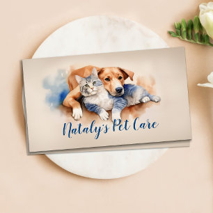 Cartão De Visita Ilustração em Aquarela de Gato e Cachorro Fofos
