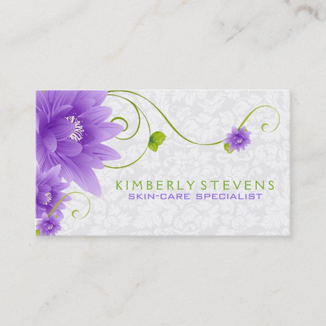 Cartão De Visita Ilustração Floral Branco E Verde Roxo (Frente)