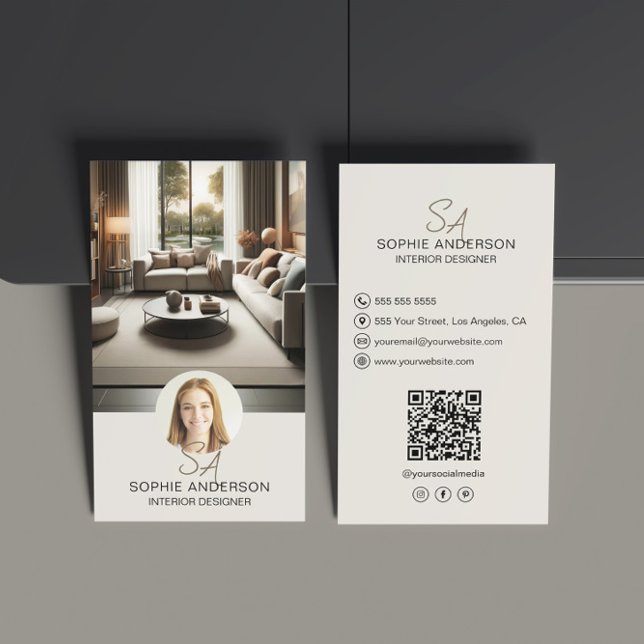 Cartão De Visita Imagem do Monograma do Designer Interior QR Social (Interior Designer Monogram Photo QR Social Media Business Card)