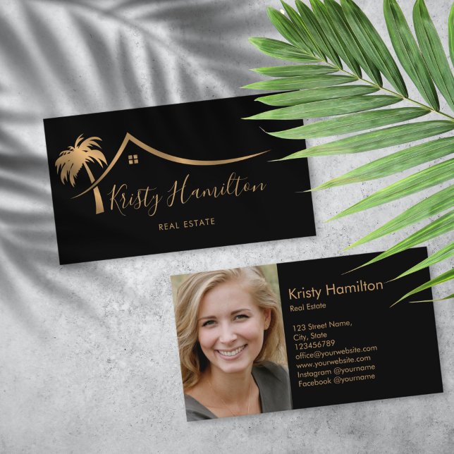 Cartão De Visita imobiliária profissional imobiliária local adicion (gold palm tree house real estate logo business card)