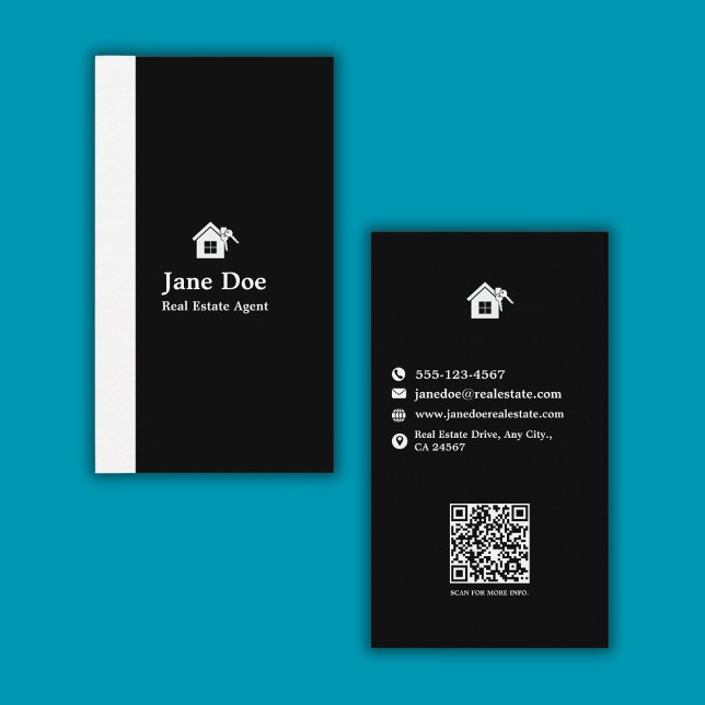 Cartão De Visita Imobiliário Branco Vertical Moderno (Modern Vertical Black White Real Estate Business Card)