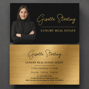 Cartão De Visita Imobiliário Metálico de Luxo Black Gold Script 