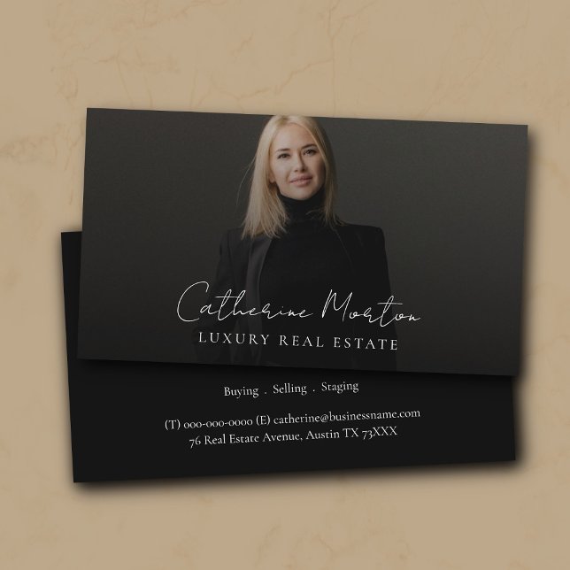 Cartão De Visita Imóveis Brancos e Pretos de Luxo (Chic Realtor Photo Luxury Real Estate Business Card)