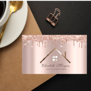 Cartão De Visita Imóveis com Efeito de Glitter em Rosa Dourado Prof