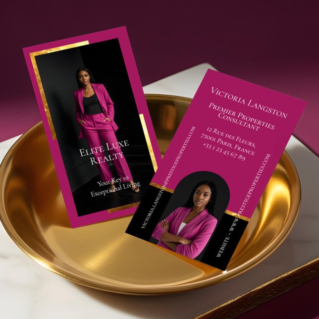 Cartão De Visita Imóveis de Luxo Foto Preta Elegante Dourada e Rosa (Luxury Real Estate Elegant Black Gold & Pink Photo Business Card)
