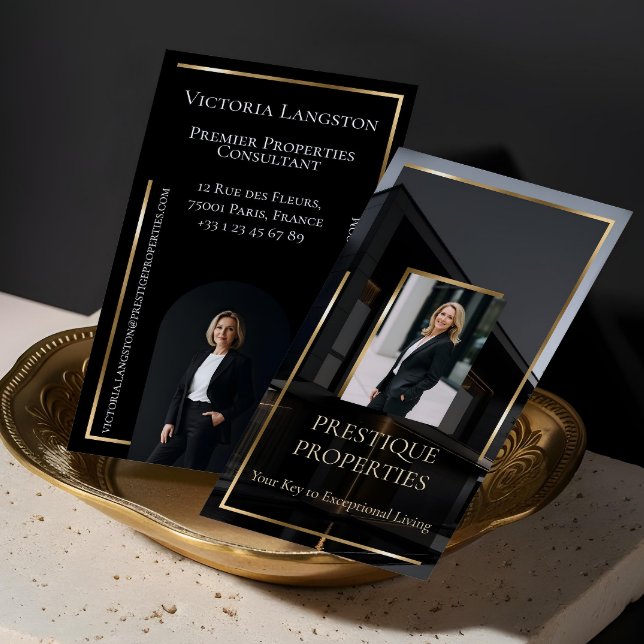 Cartão De Visita Imóveis de Luxo Ouro Preto Monograma (Luxury Real Estate Black Gold Photo Monogram Business Card)