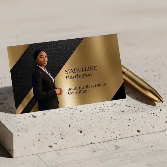 Cartão De Visita Imóveis de Luxo Preto e Dourado Couro Luxuoso Pret (Luxury Real Estate Black & Gold Black Leather Luxe Business Card)