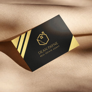 Cartão De Visita Imóveis do logotipo Elegante Black & Gold Foil